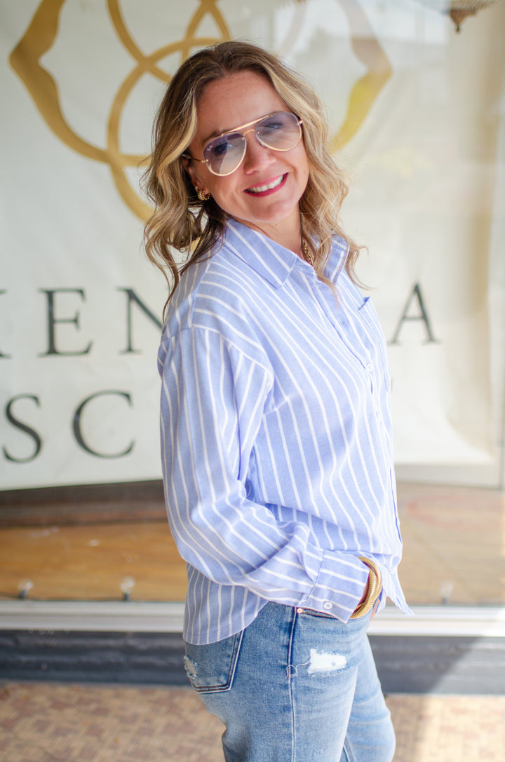 Fall Classic Stripe Button Down Boyfriend Top in Blue