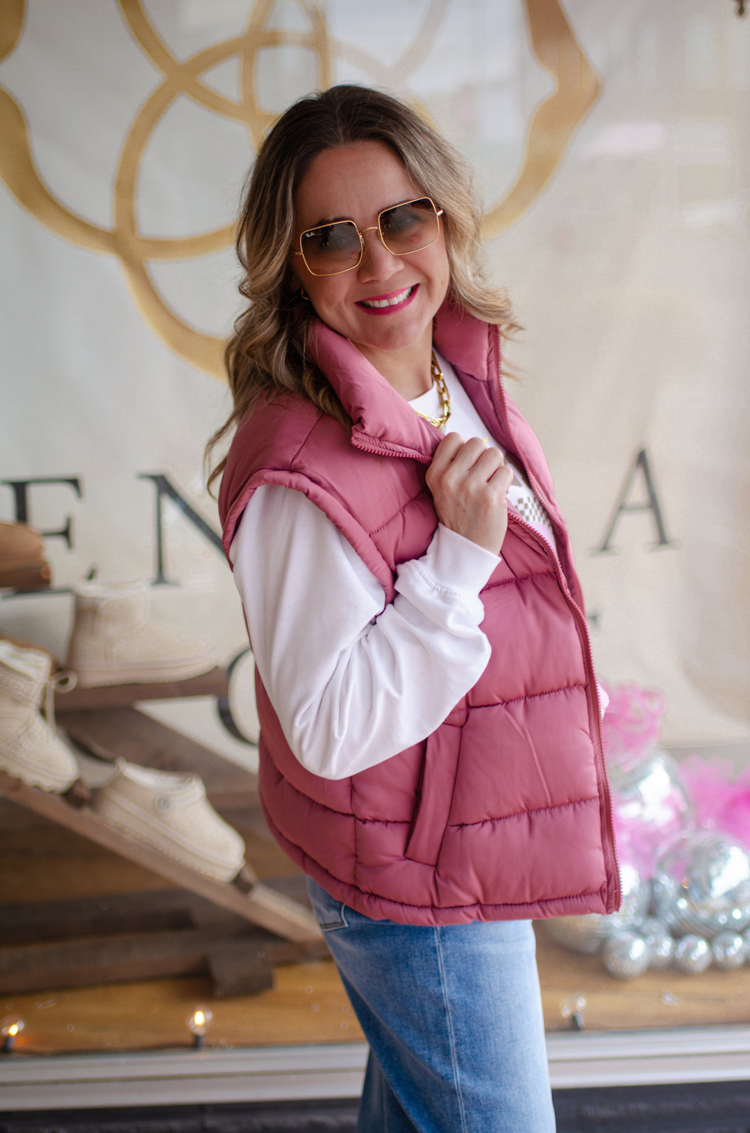 On Trend Zip Up Puffer Vest in Rose