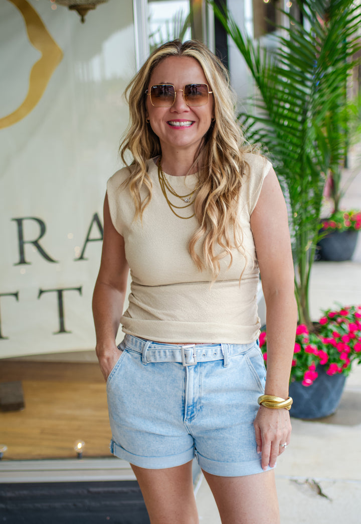 Love Like Yours Stretch Knit Ruched Side Top in Natural Taupe