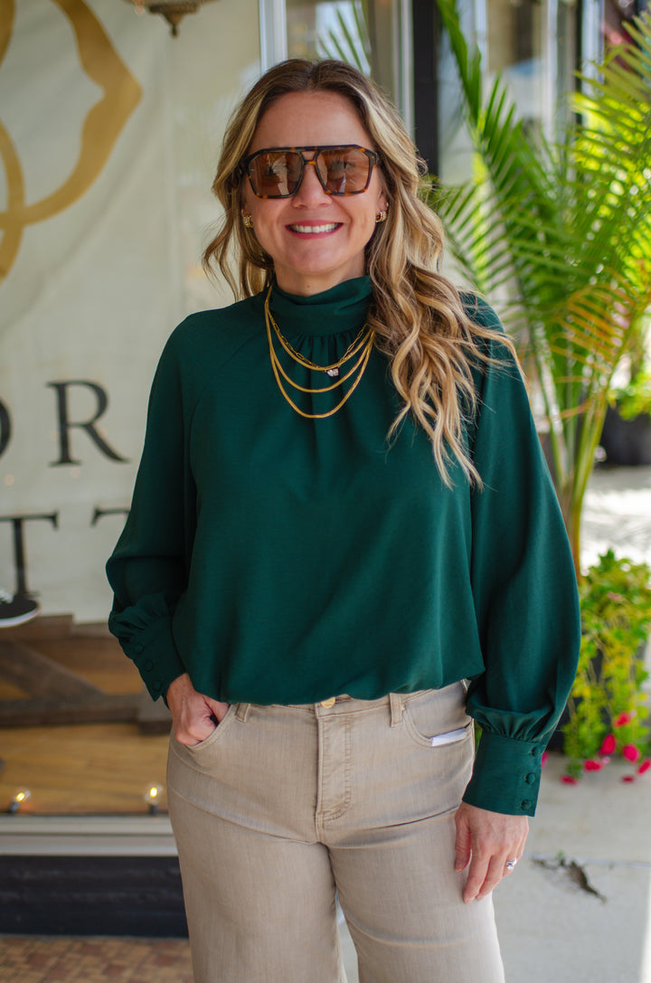 Take Your Time High Necklace Bubble Hem Long Sleeve in Emerald