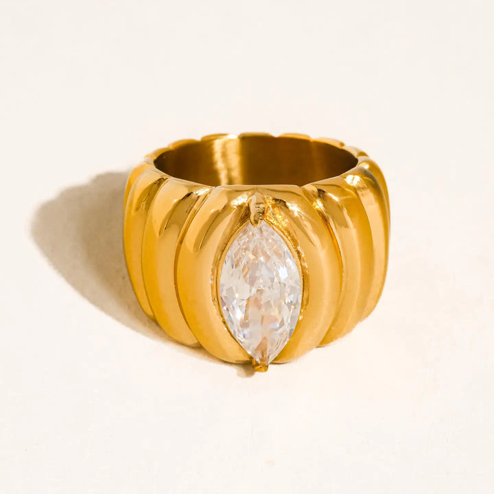Luxe 18K Gold Non-Tarnish Marquise CZ Statement Ring SZ7