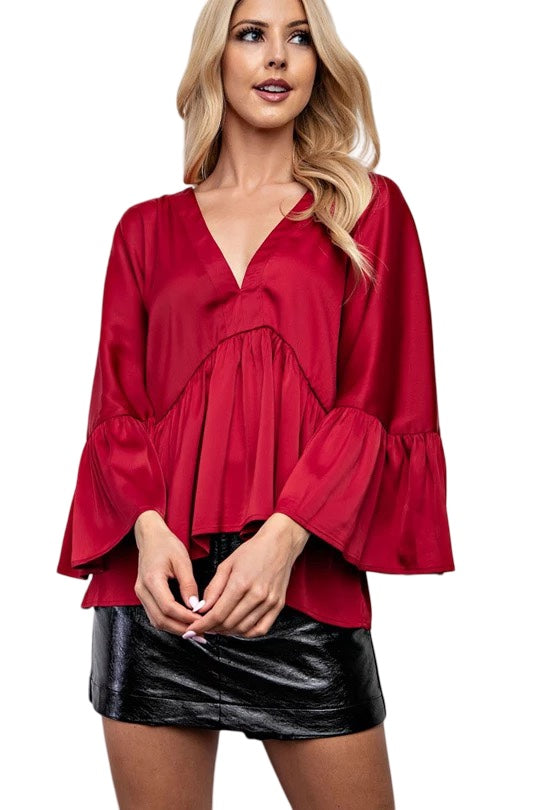 Heartbreaker Bell Sleeve Satin Top in Burgundy