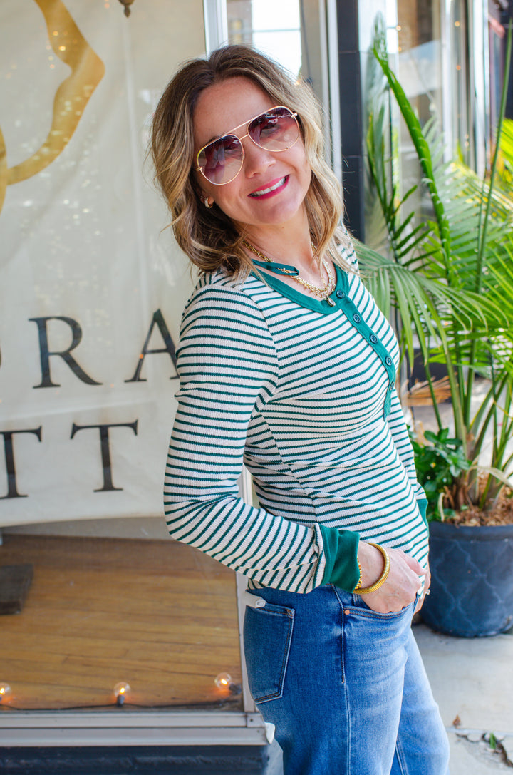 Fall Moment Stripe Henley Top in Oatmeal & Green Mix