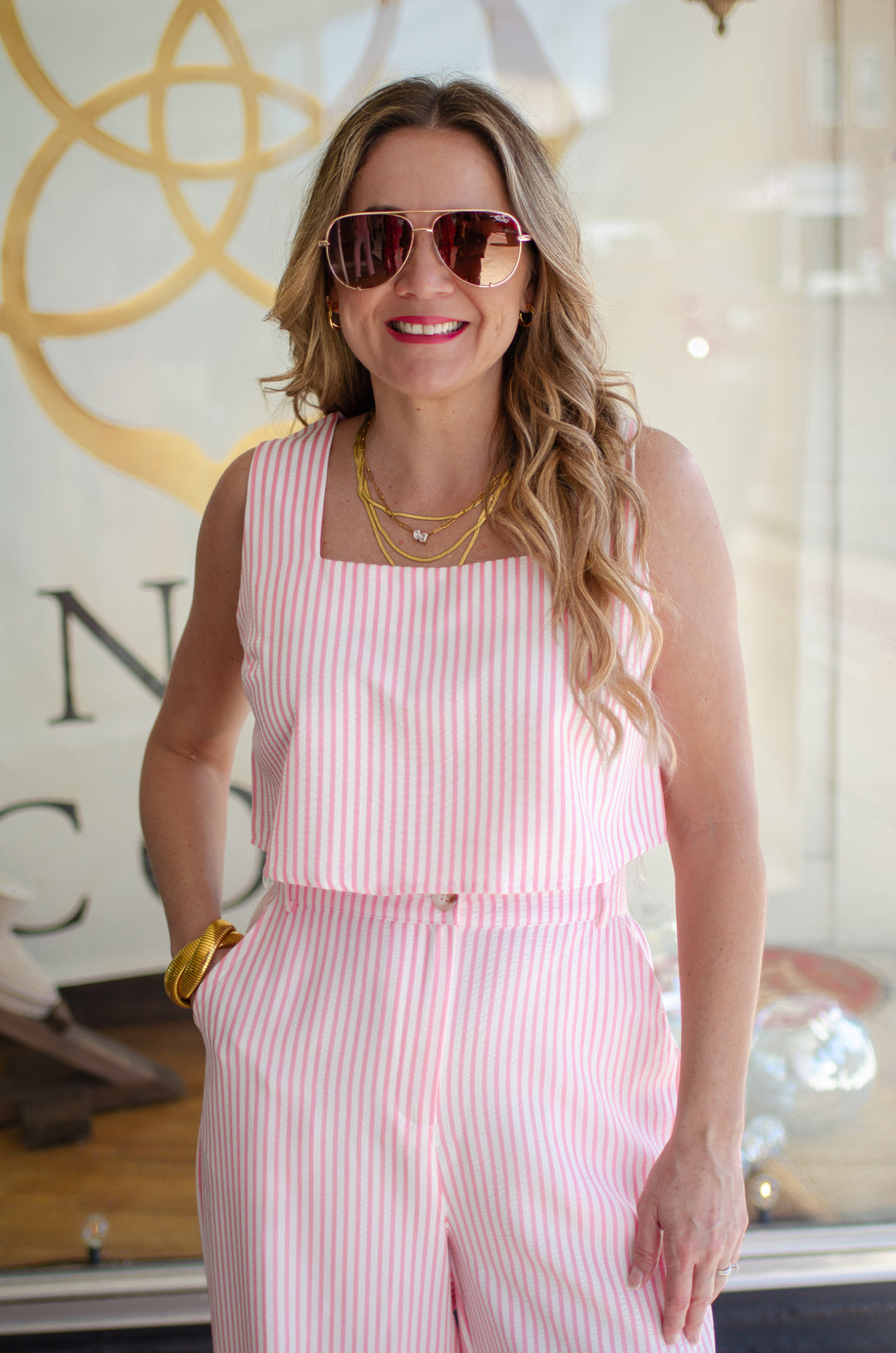 Day Stroll Pink & White Seersucker Stripe Square Neckline Tank