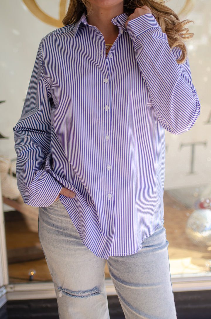 Perfectly Preppy Blue PinStripe Boyfriend Style Button Down Top