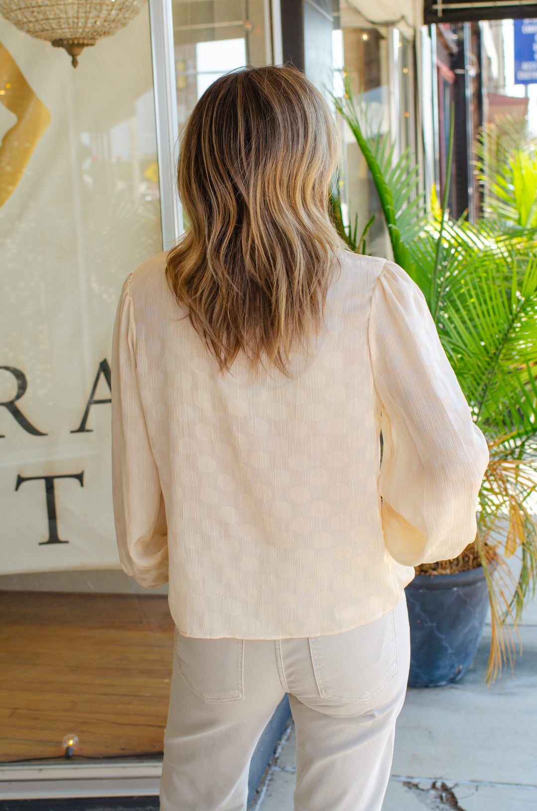 Always Classic Textured Polka Dot Collar Button Down Top in Champange