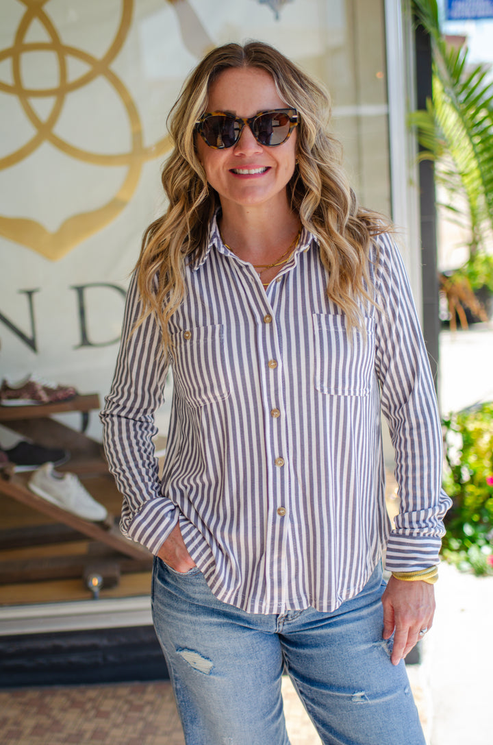 Classic Style Soft Stretch Knit Button Down Collard Top in Charcoal Stripe