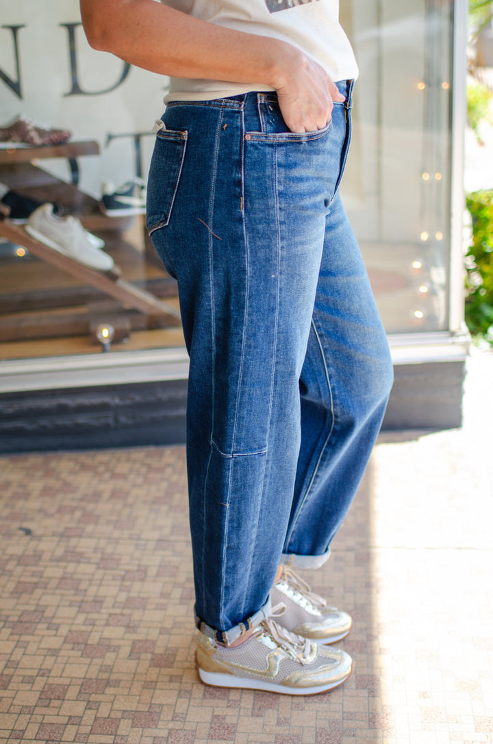 Risen High Rise Barrel Jeans in Dark Wash