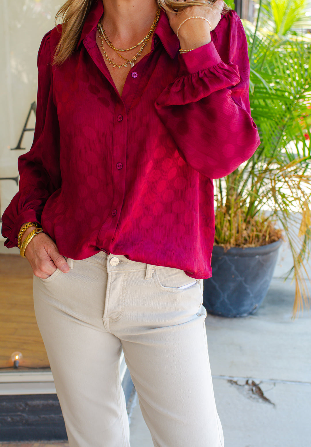 Always Classic Textured Polka Dot Collar Button Down Top in Wine
