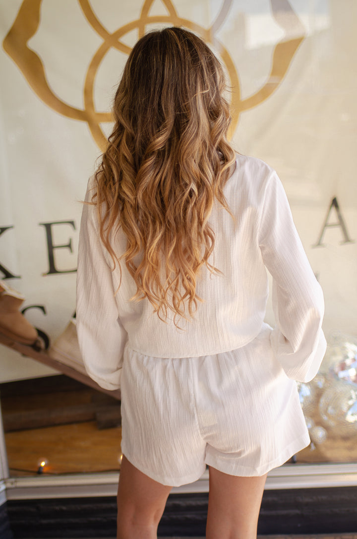 Day Date Tie Front Long Sleeve Blouse in White