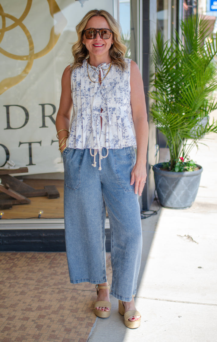 Sunday Brunch Toile Bow Front sleeveless Top in Blue