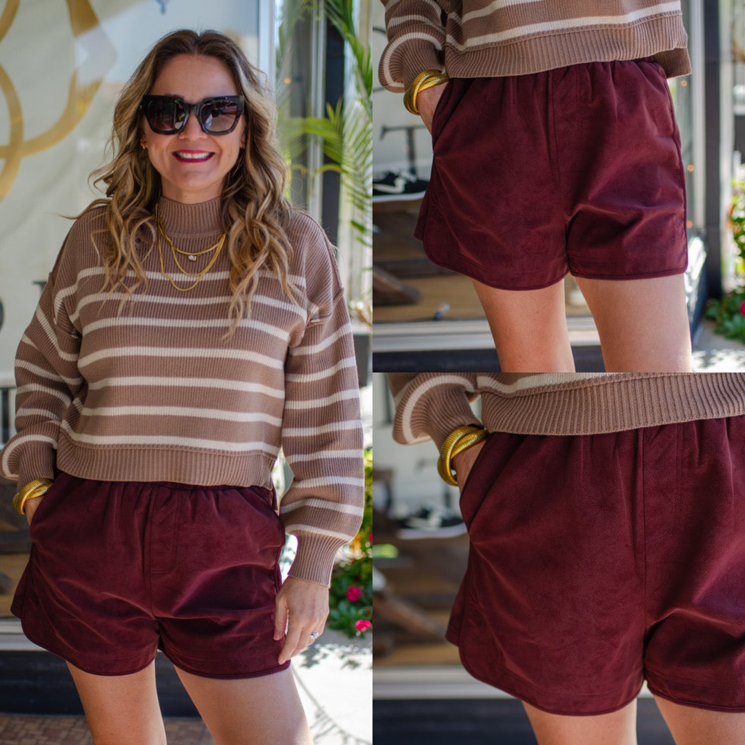 Falling For You Faux Suede Stretch Waistline Shorts in Burgundy