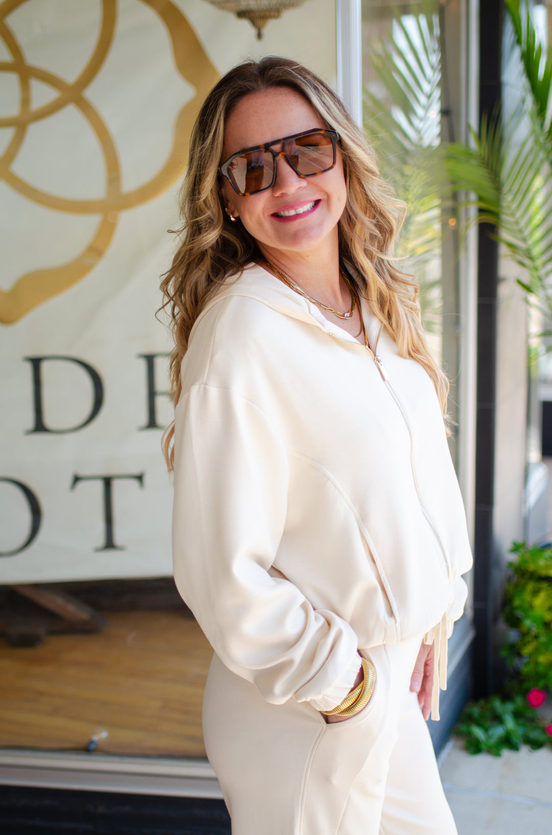 Heavenly Double Knit Casual Zip Hoodie in Cream