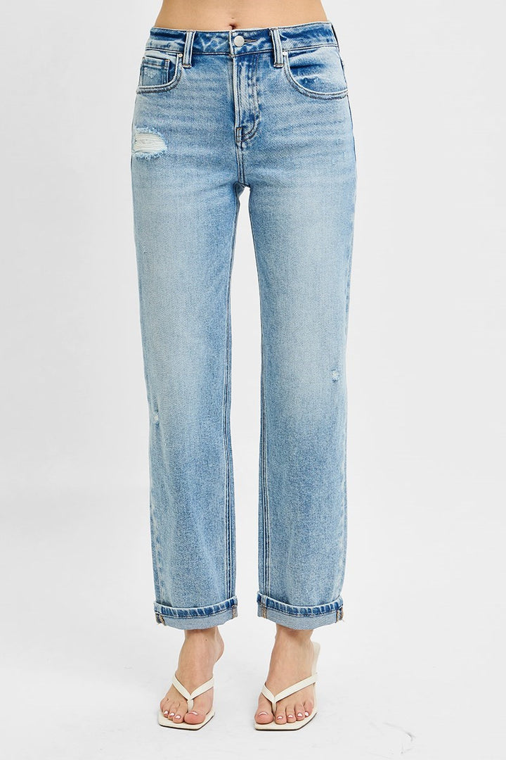 Risen High Rise Ankle Boyfriend Distressed Jeans in Light Wash