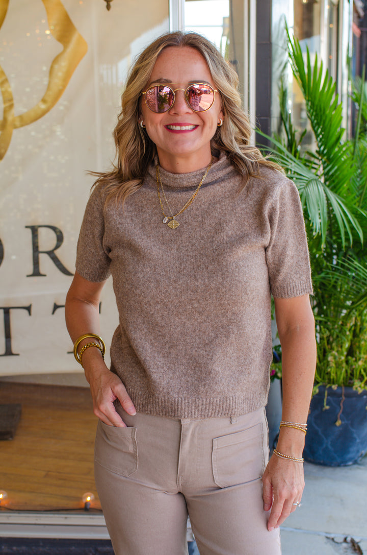 Way to Wander Lightweight Short Sleeve Sweater Top in Mocha