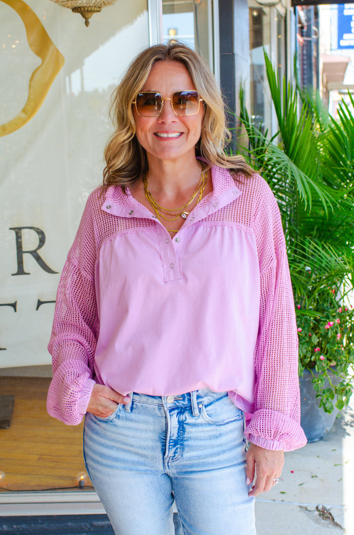 Breezy Summer Mesh Long Sleeve Top in Pink