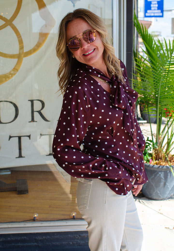Make Your Mark Polka Dot Tie Neck Long Sleeve Top in Burgundy