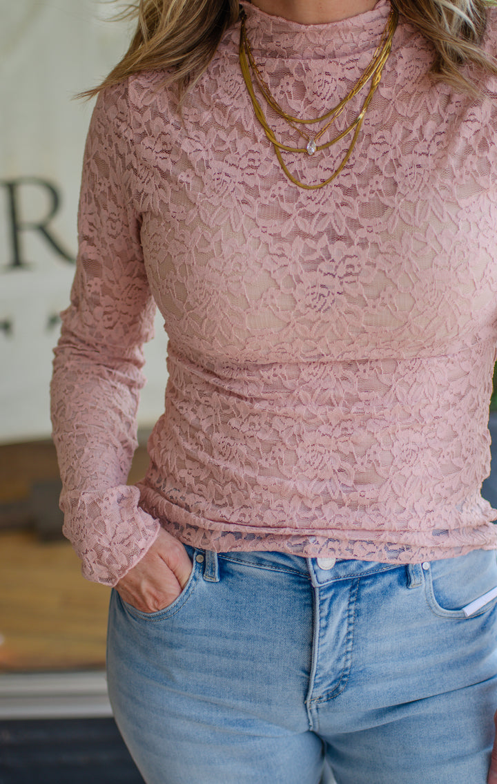 Heart Like Mine Fitted Long Sleeve Lace Top in Dusty Blush