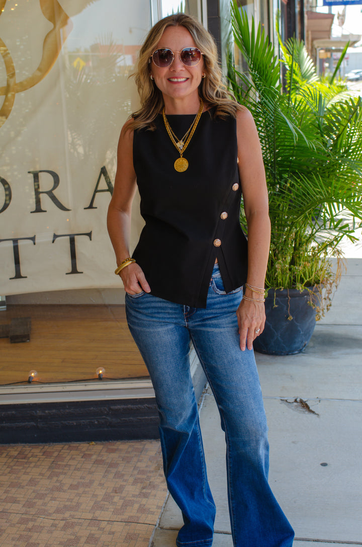 Day Out Black Asymmetrical Gold Button Down Sleeveless Top