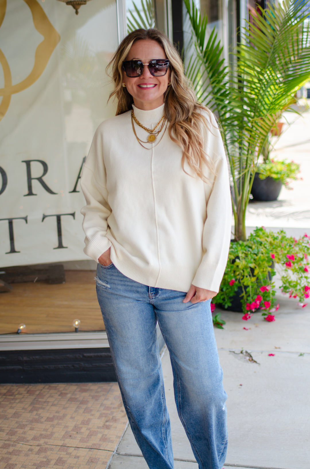 Winter Wish Front Seam Mock Neck Long Sleeve Sweater in Cream