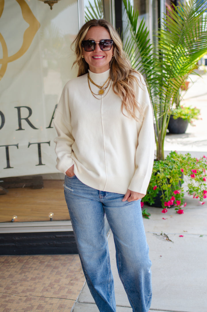 Winter Wish Front Seam Mock Neck Long Sleeve Sweater in Cream
