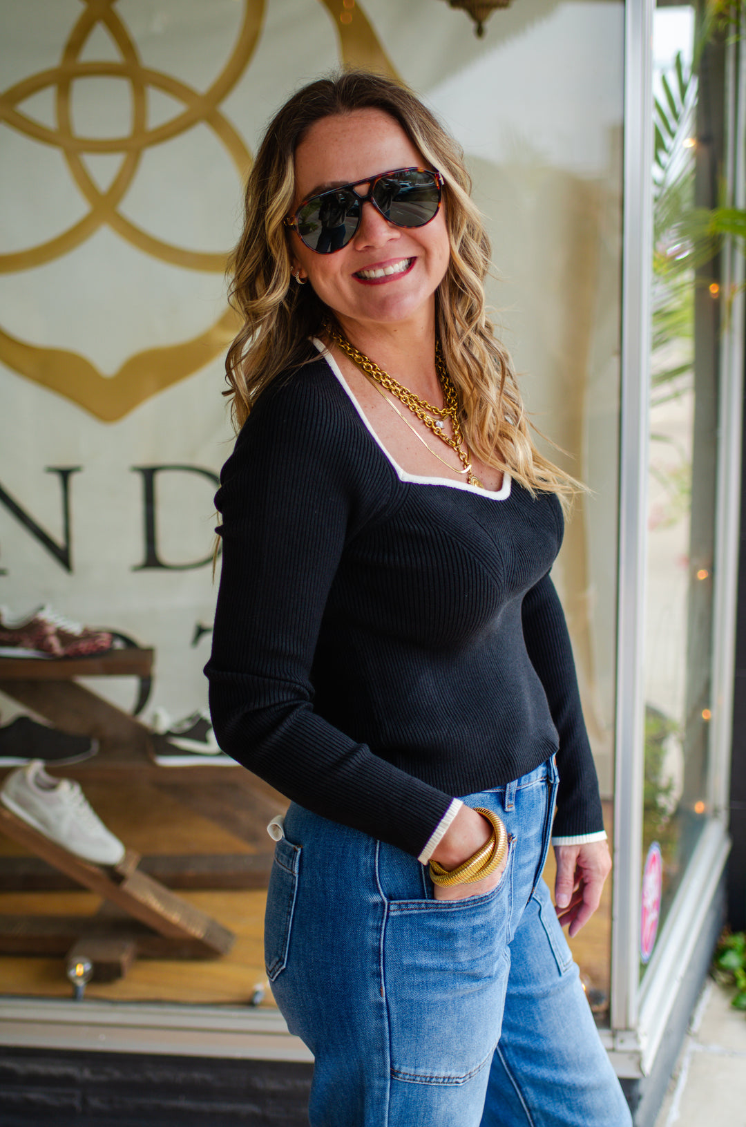 Fall Wishes Top in Black with Cream Trim