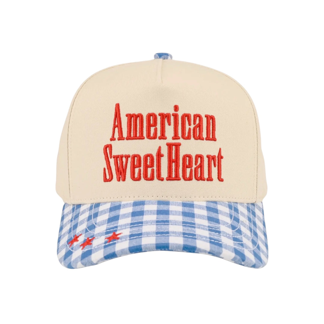 American Sweetheart Embroidered Blue Gingham 2 Tone Hat
