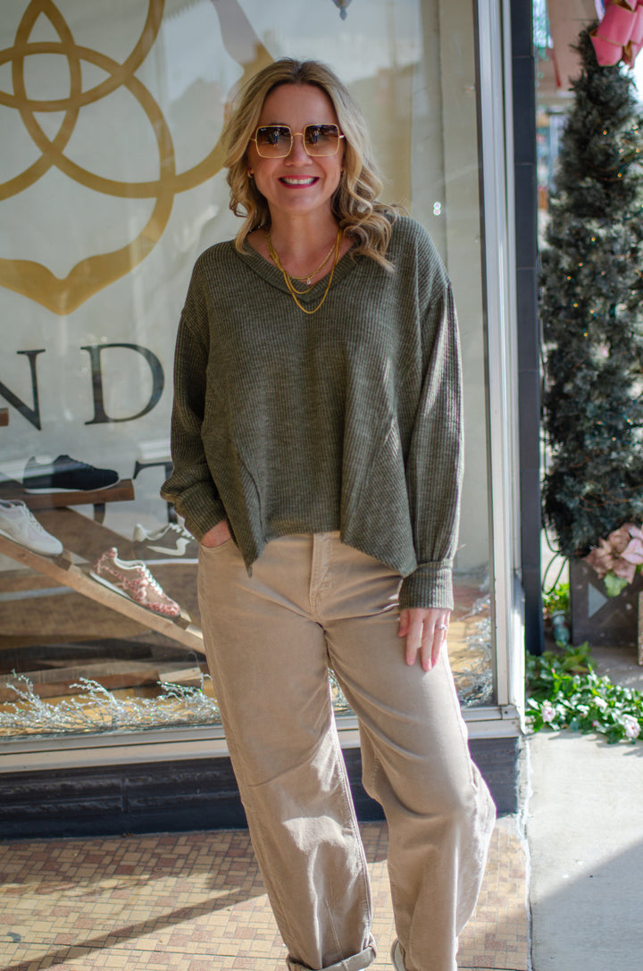Our Love V-Neck Long Sleeve Side Cut Top in Olive