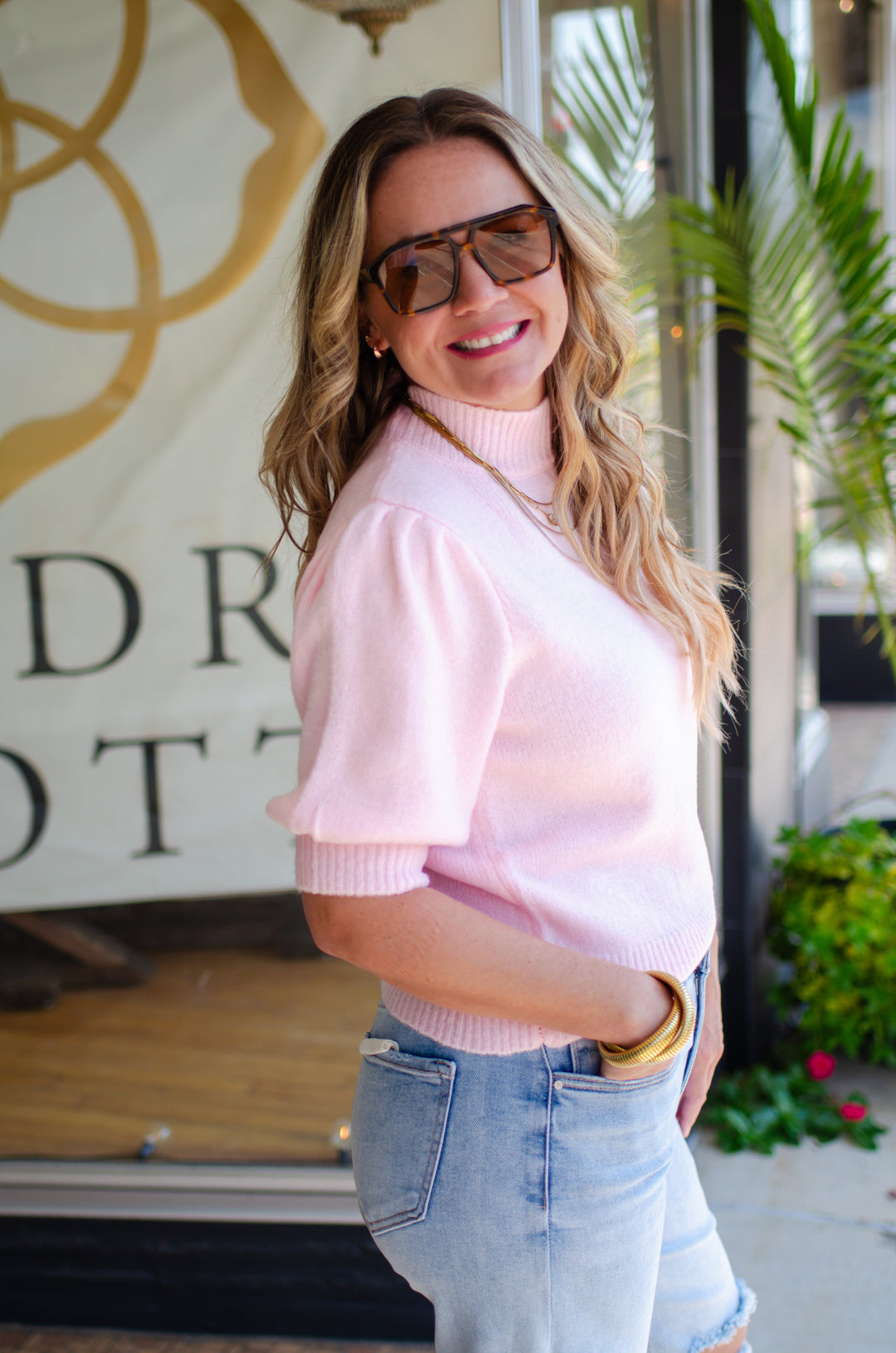 Powder Pink Short Sleeve Ribbed Sweater with Puff Sleeves