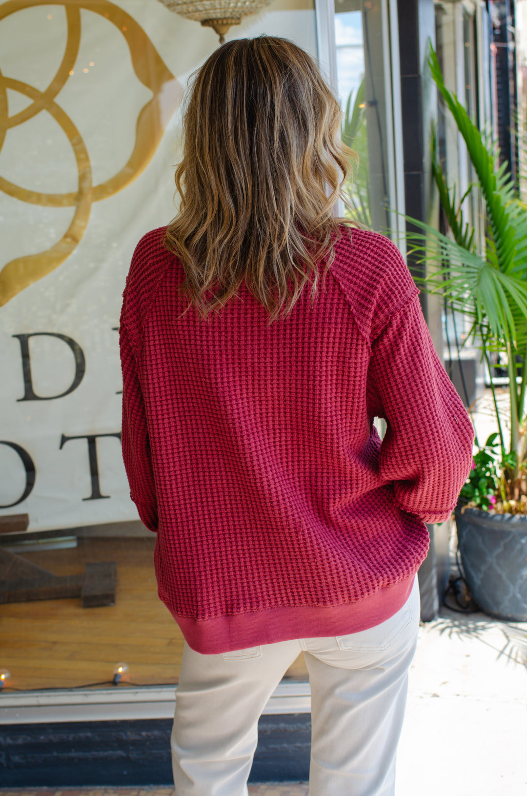 Warm Wished Waffle Long Sleeve Top in Burgundy