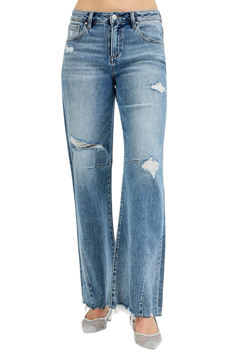 Risen Mid Rise Distressed Wide Leg Jeans in Medium Wash