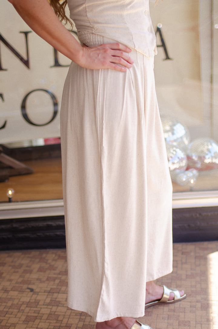 Hold You Smocked Waistline Pleated Wide Leg Pants in Oatmeal