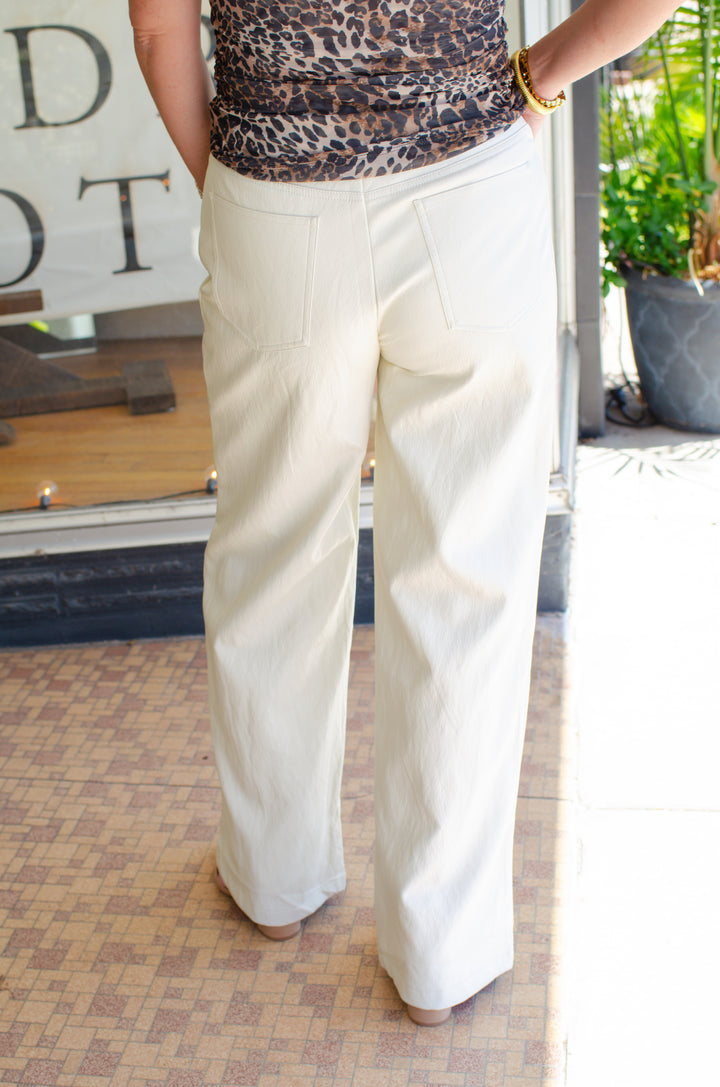 In Stride Faux Leather Gold Button Wide Leg Pant in Cream