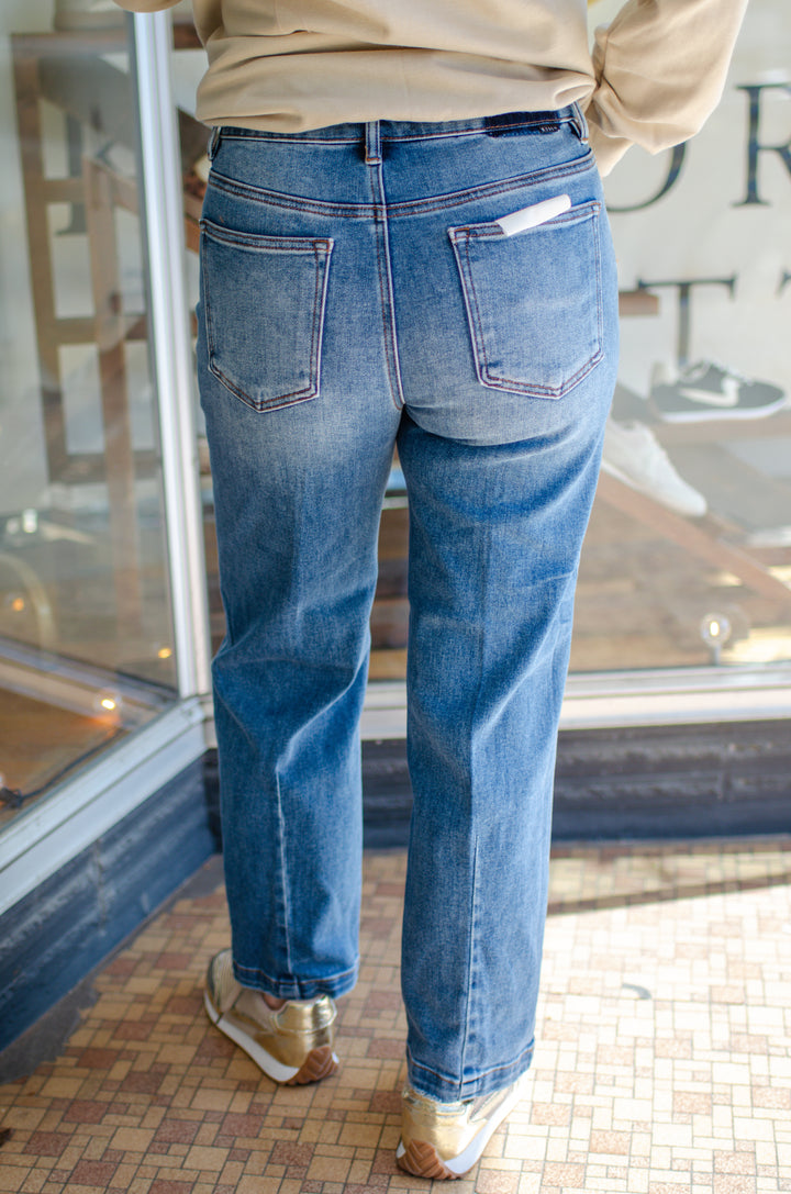 Risen High Rise Crop Boyfriend Tapered Jeans in Dark Wash