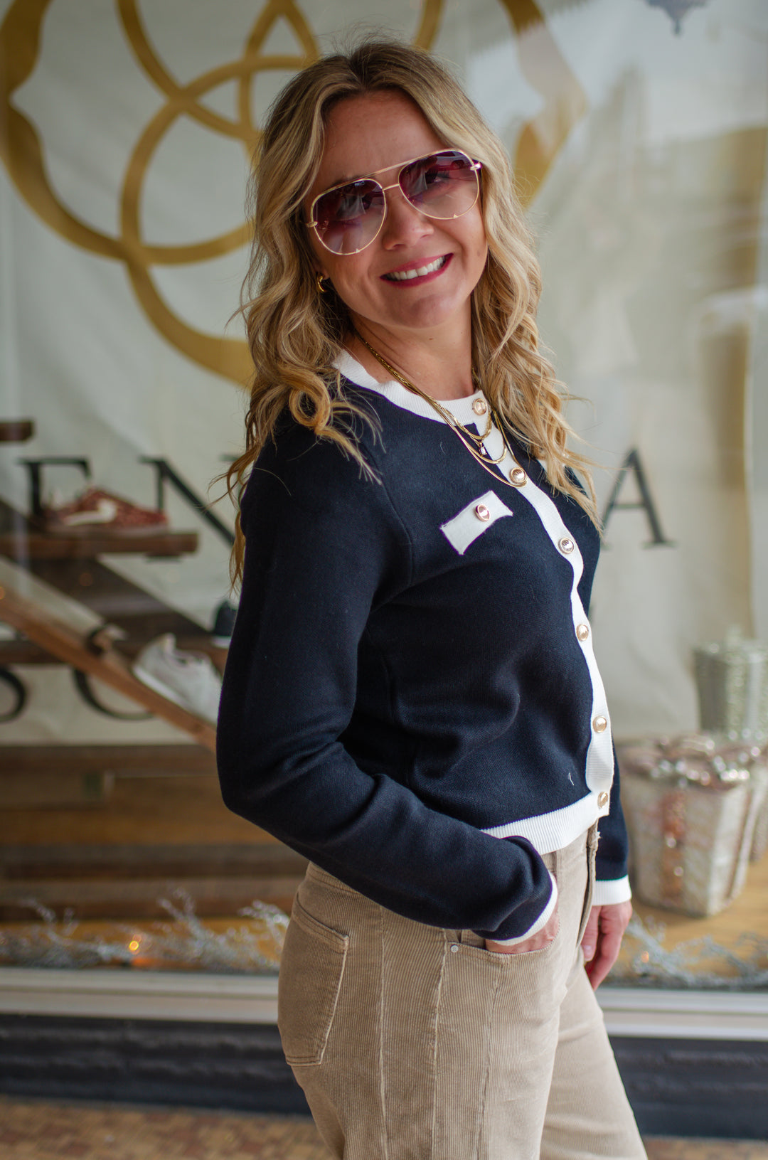 Classic Button Faux Button Down Sweater in Black