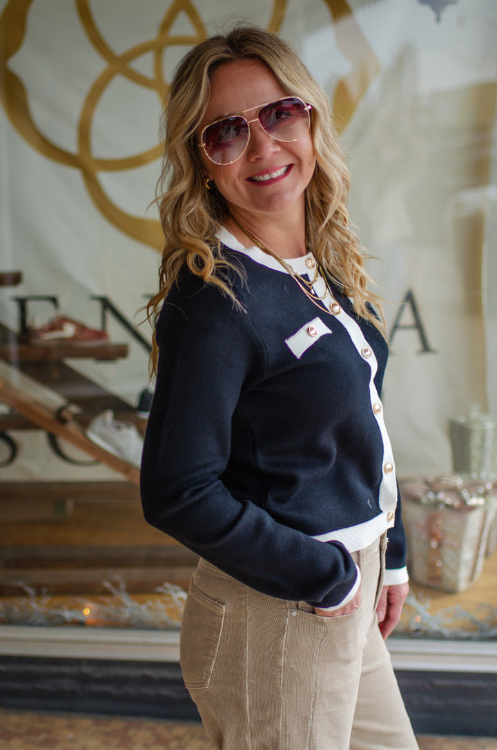 Classic Button Faux Button Down Sweater in Black