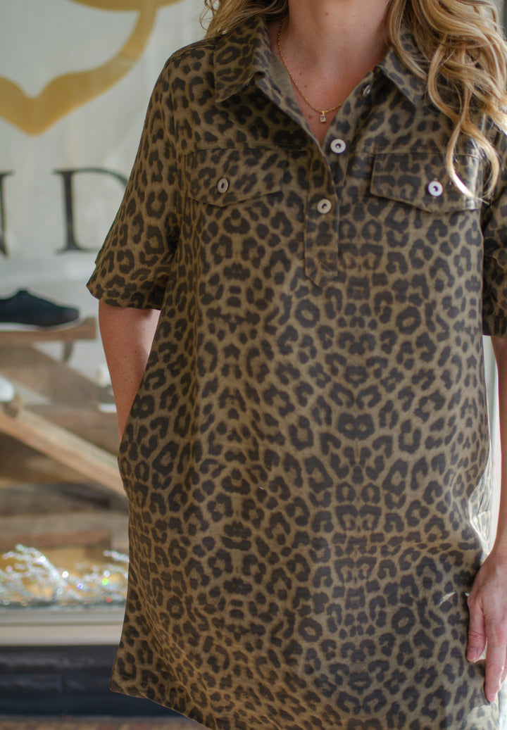Leopard Love Collared Button Down Dress in Mocha