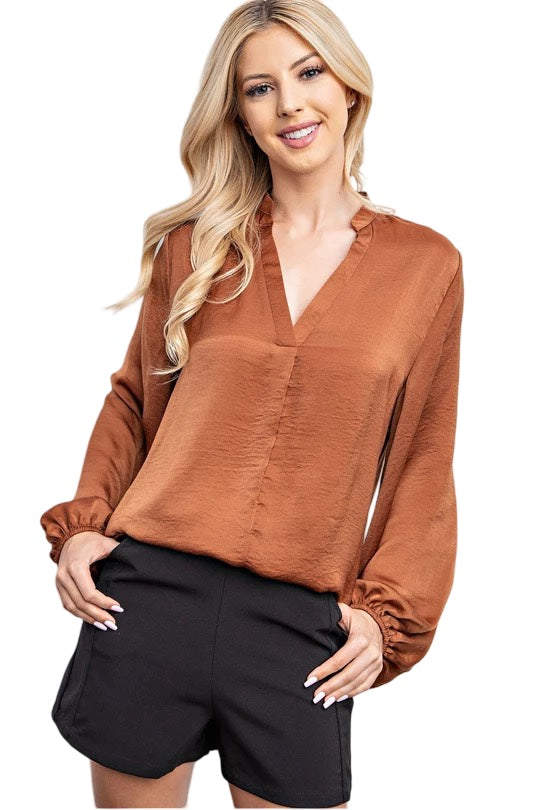 Heart of Mine Satin V-Neck Blouse in Camel