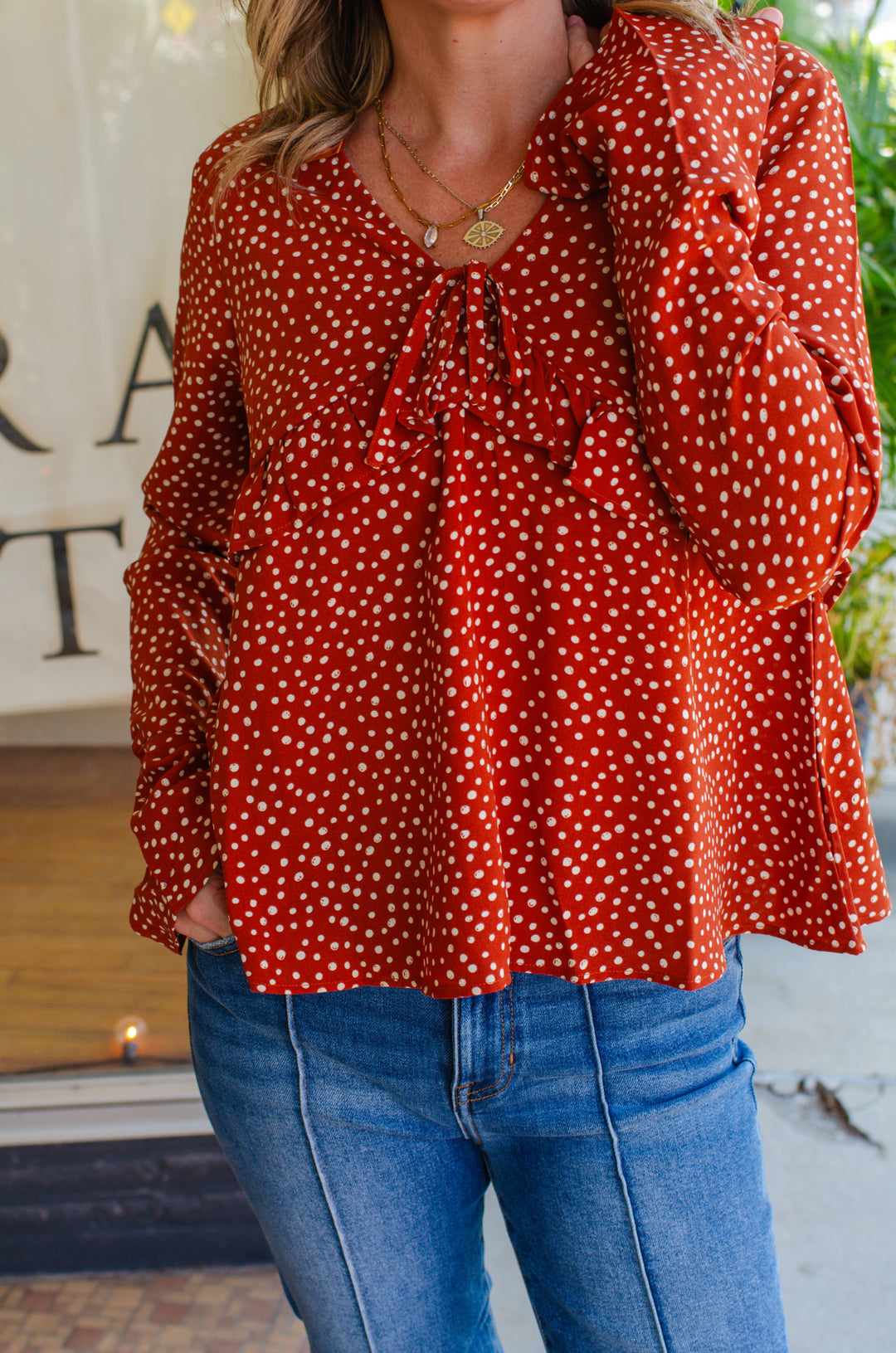 Fall Feels Polka Dot Rust Babydoll Long Sleeve Top