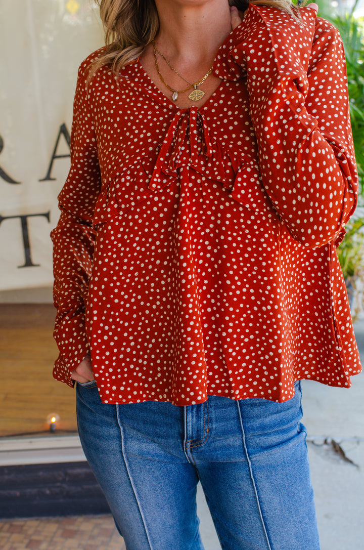 Fall Feels Polka Dot Rust Babydoll Long Sleeve Top