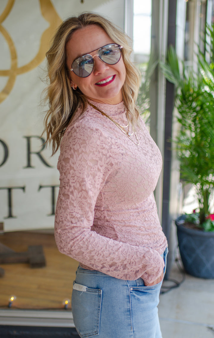Heart Like Mine Fitted Long Sleeve Lace Top in Dusty Blush