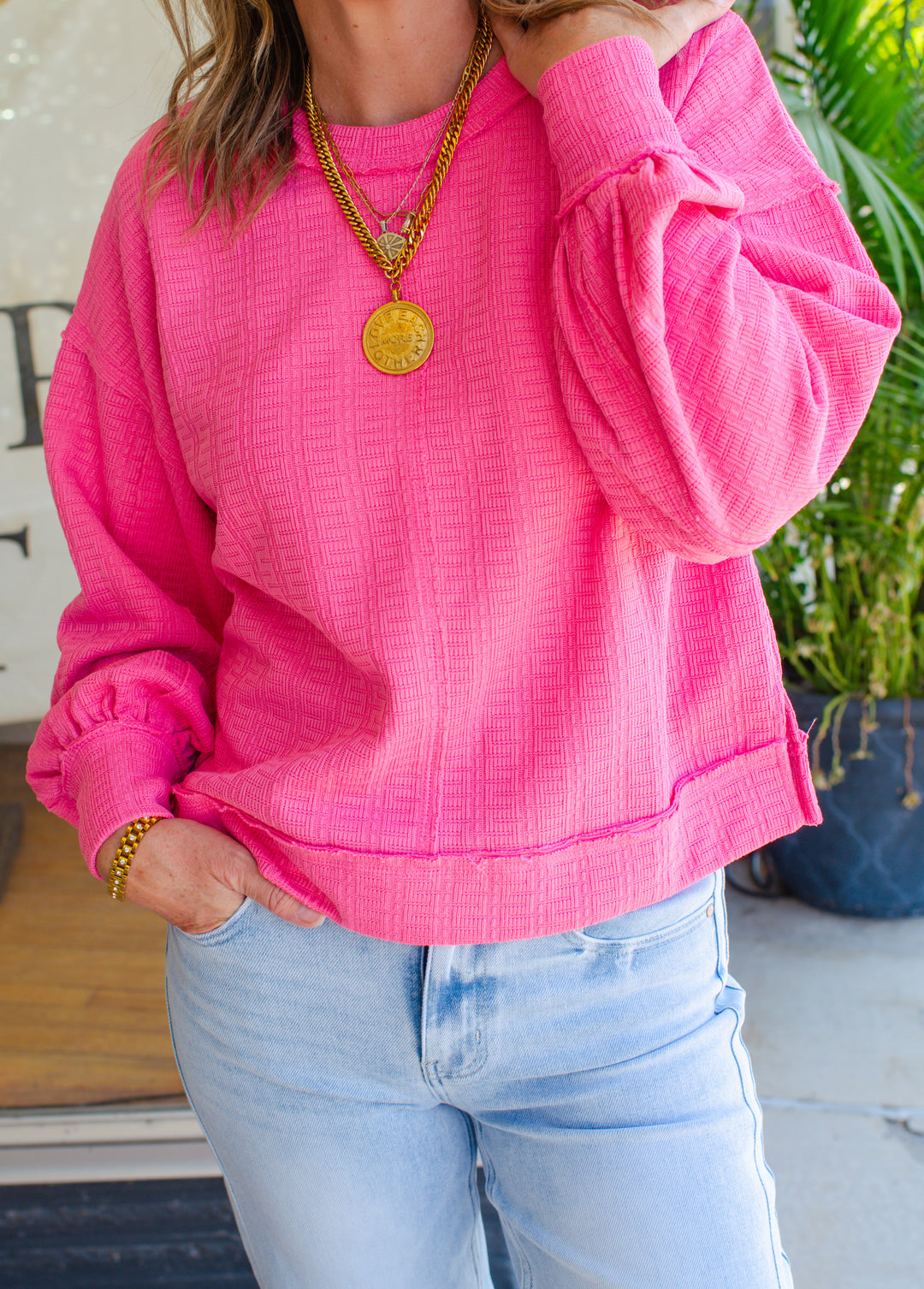 Breathless Modern Textured Boxy Long Sleeve Top in Pink