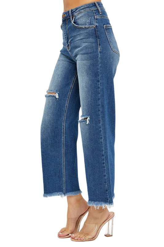 Risen High Rise Frayed Ankle Wide Leg Jeans in Dark Wash