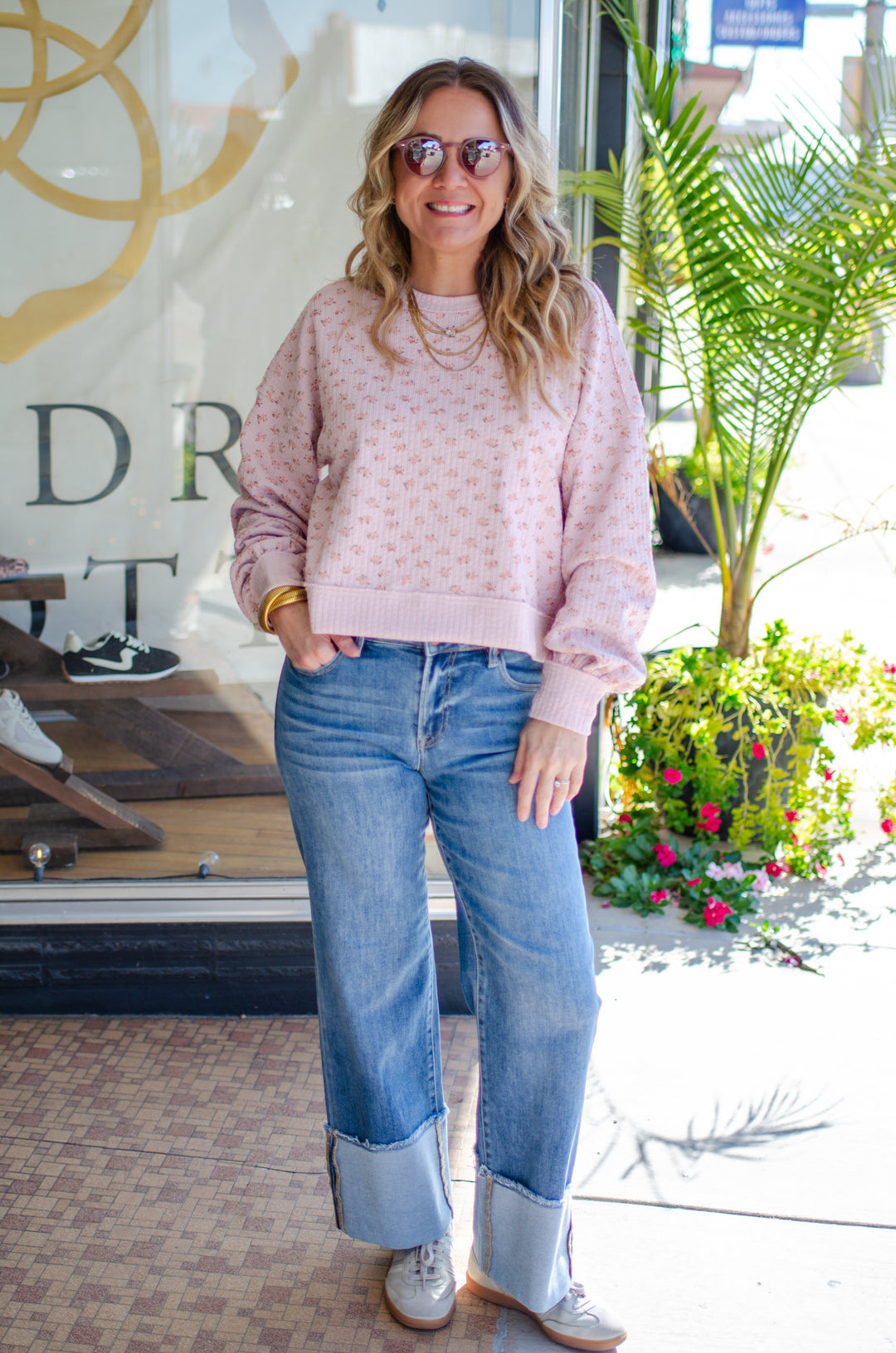 Fall Bouquet Floral Round Neckline Long Sleeve Top in Pink