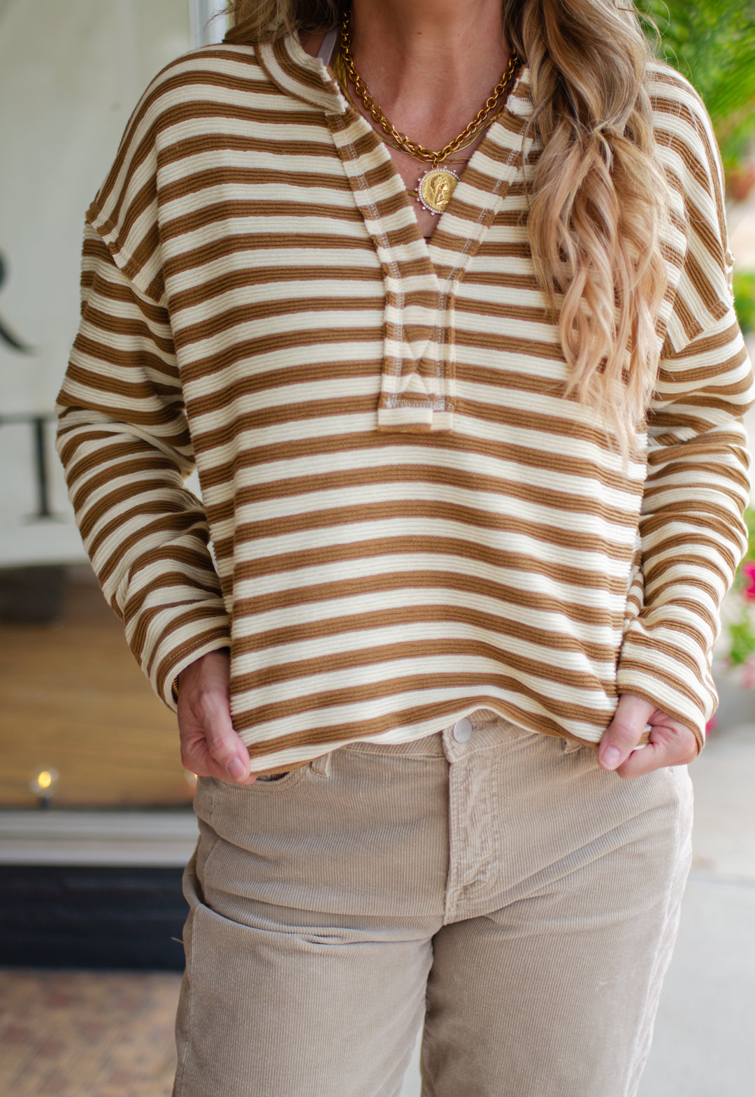 Take Your Time Textured Stripe Split Neckline Long Sleeve Top in Camel