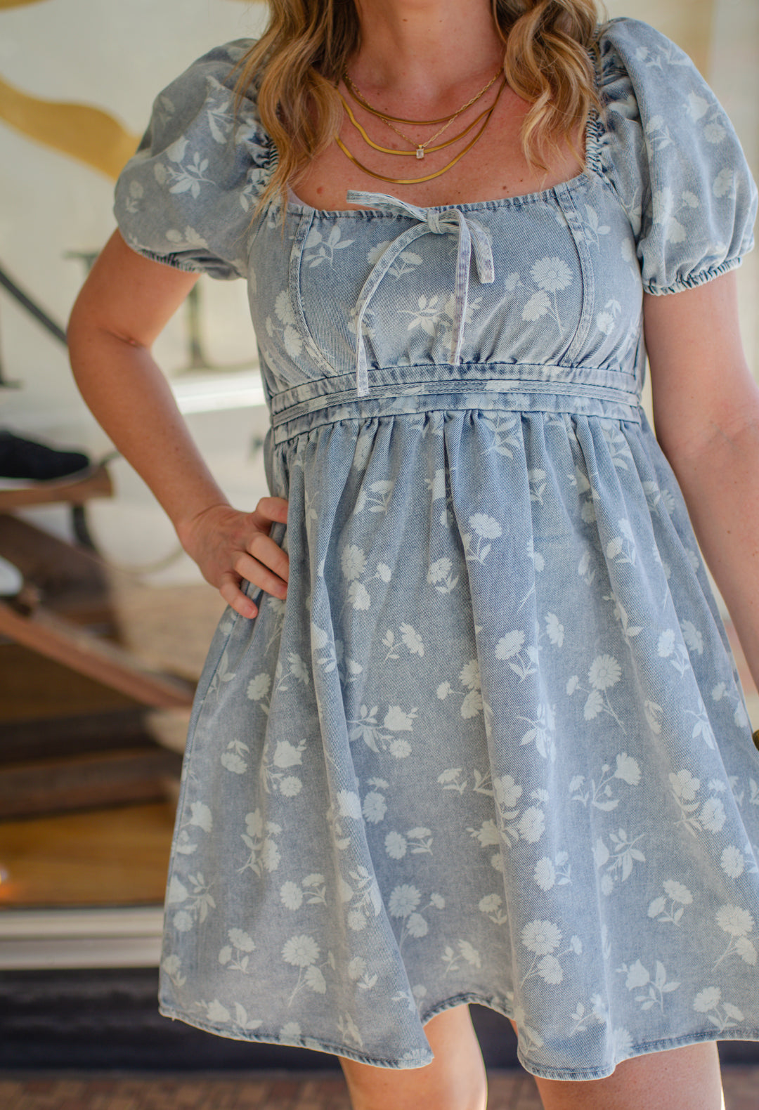 Feeling Floral Denim Acid Wash Bubble Sleeve Stretch Waistline Dress