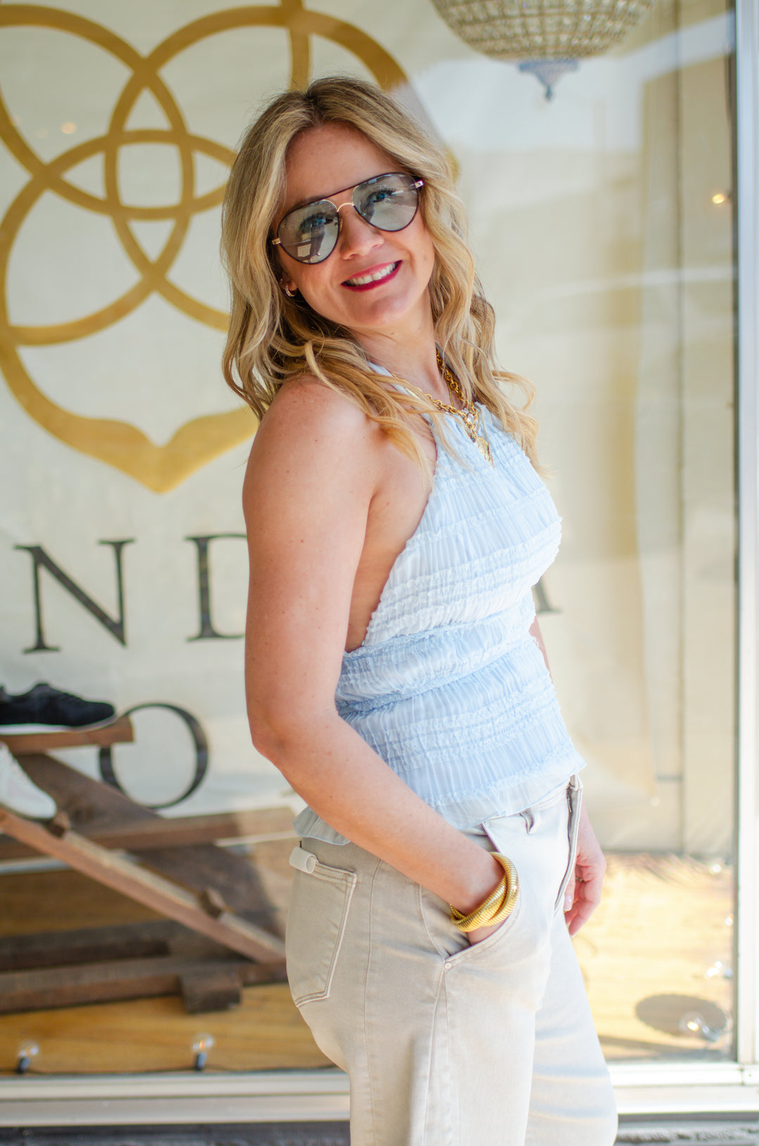 Pure Grace Ruffled Halter Top in Baby Blue