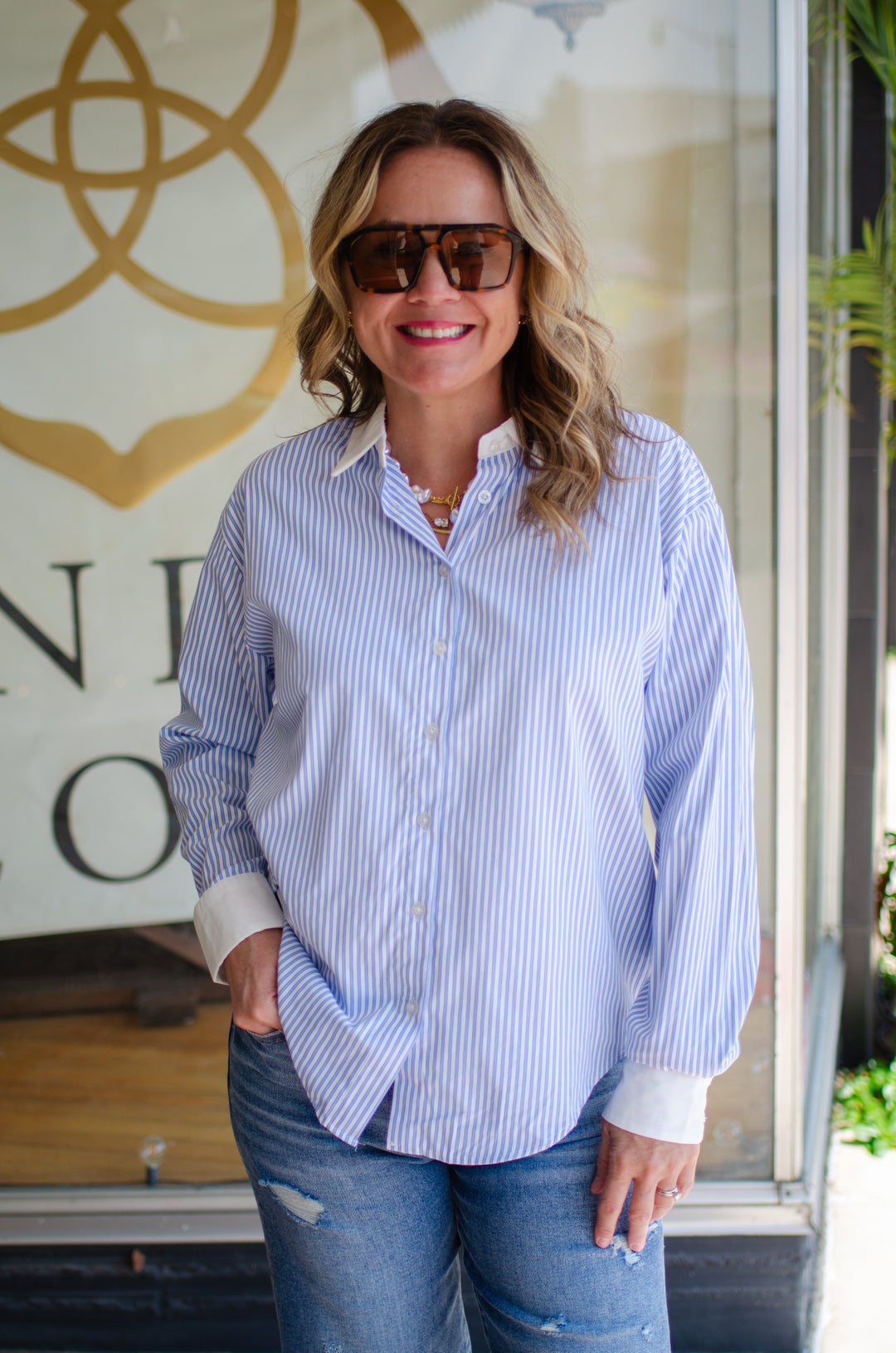 Make My Day Stripe Button Down Collared Top in Light Blue