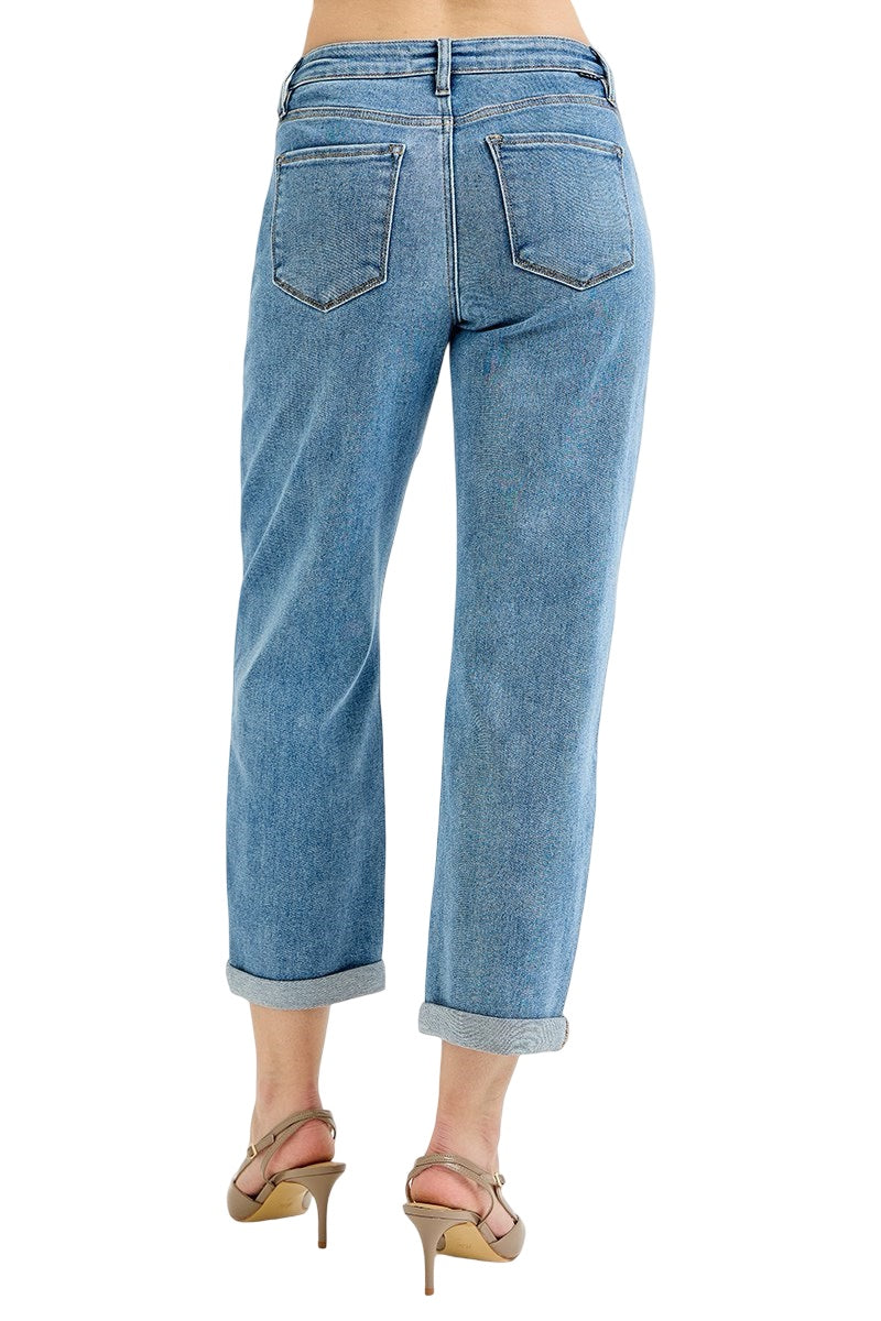 Risen Slouchy Crop Seam Detailed Barrel Jeans in Medium Wash
