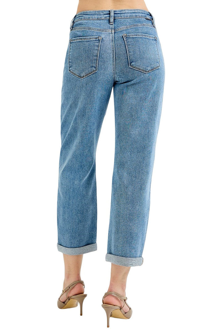 Risen Slouchy Crop Seam Detailed Barrel Jeans in Medium Wash